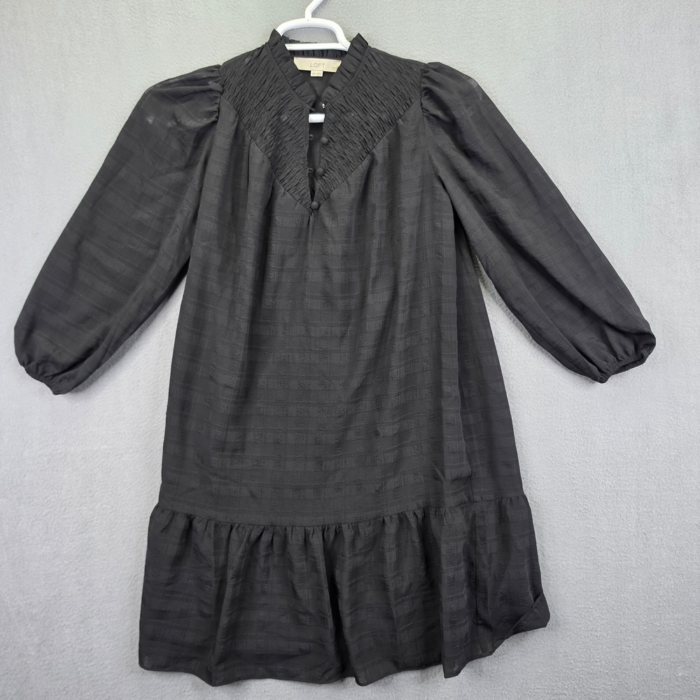 LOFT Dress Smocked V-Neck Ruffle Hem Black XXSP Petite Long Sleeve Textured Mini